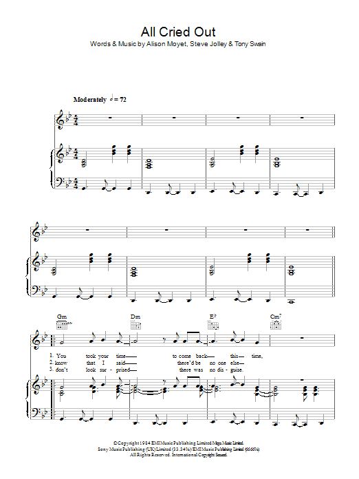 All Cried Out (Piano, Vocal & Guitar Chords) von Alison Moyet
