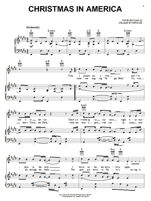 Christmas In America (Piano, Vocal & Guitar Chords (Right-Hand Melody)) von Melissa Etheridge