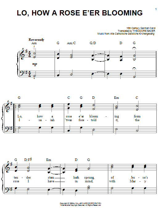 Lo, How A Rose E'er Blooming (Easy Piano) von 15th Century German Carol