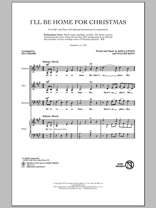 I'll Be Home For Christmas (SAB Choir) von Ed Lojeski