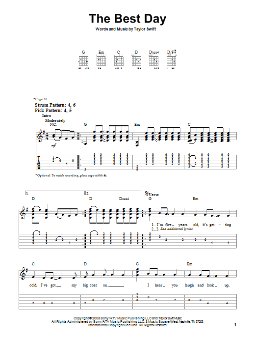 The Best Day (Easy Guitar Tab) von Taylor Swift