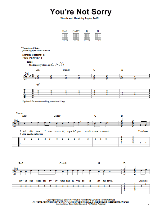 You're Not Sorry (Easy Guitar Tab) von Taylor Swift