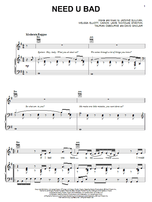 Need U Bad (Piano, Vocal & Guitar Chords (Right-Hand Melody)) von Jazmine Sullivan