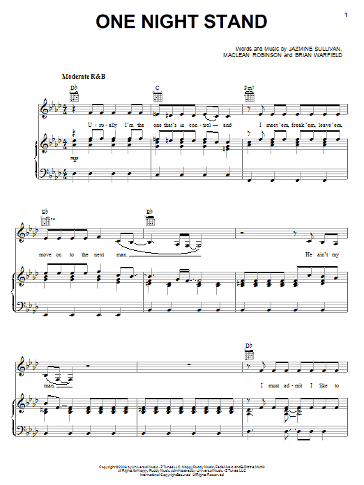One Night Stand (Piano, Vocal & Guitar Chords (Right-Hand Melody)) von Jazmine Sullivan