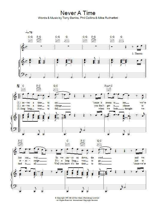 Never A Time (Piano, Vocal & Guitar Chords) von Genesis
