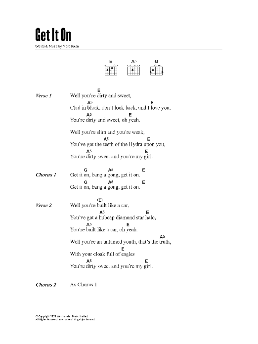 Bang A Gong (Get It On) (Guitar Chords/Lyrics) von T. Rex