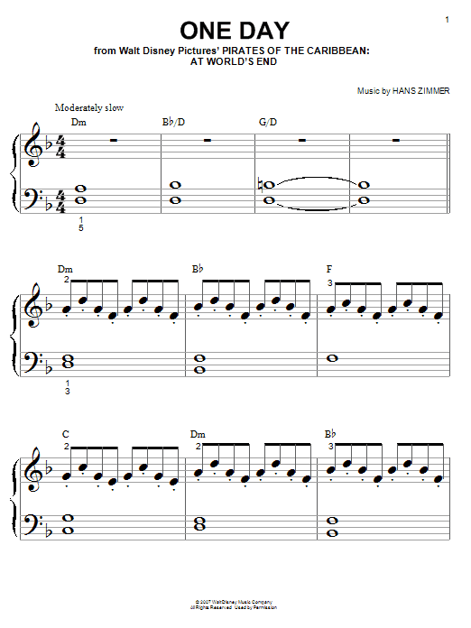 One Day (from Pirates Of The Caribbean: At World's End) (Big Note Piano) von Hans Zimmer