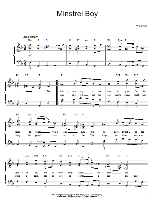 Minstrel Boy (Easy Piano) von Irish Folksong