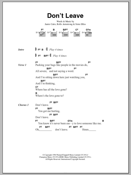 Don't Leave (Guitar Chords/Lyrics) von Faithless