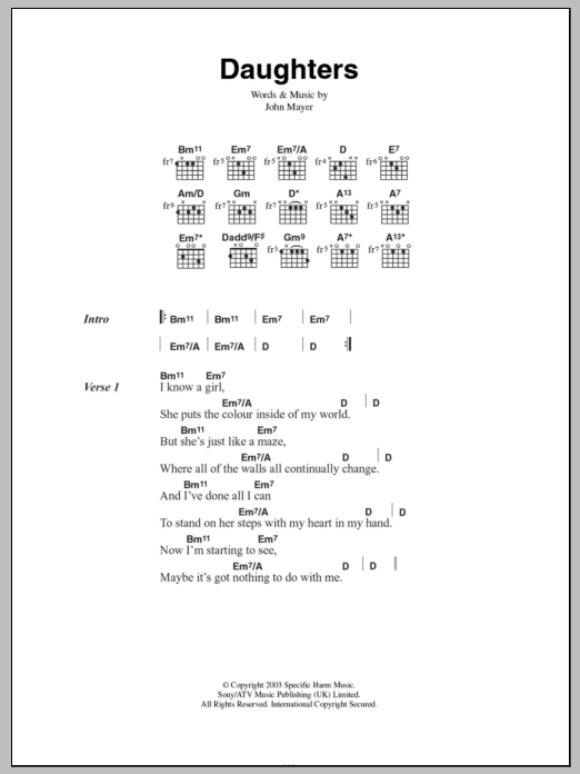 Daughters (Guitar Chords/Lyrics) von John Mayer