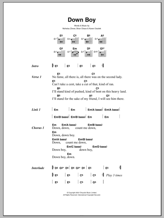 Down Boy (Guitar Chords/Lyrics) von Yeah Yeah Yeahs