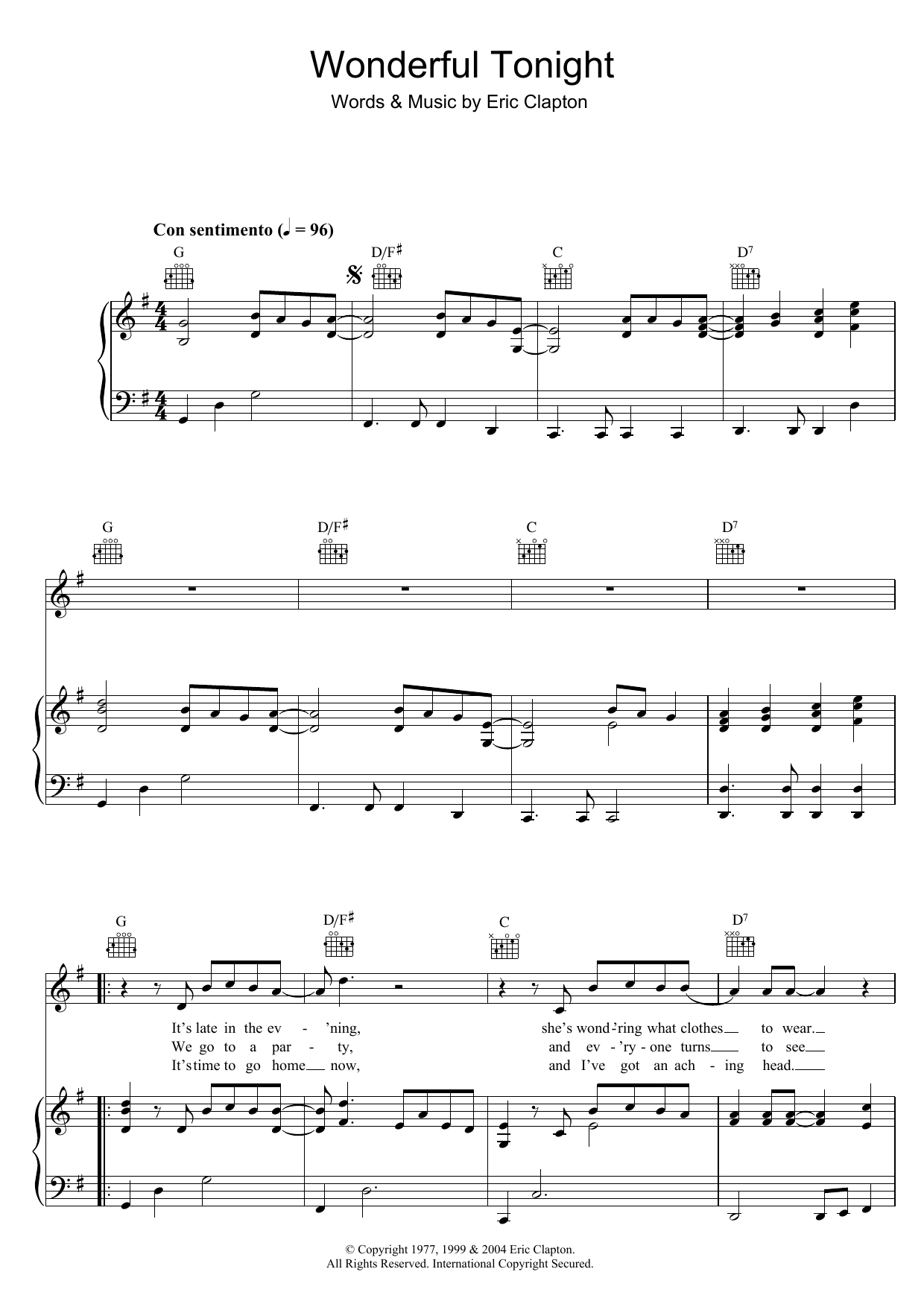 Wonderful Tonight (Piano, Vocal & Guitar Chords) von Eric Clapton