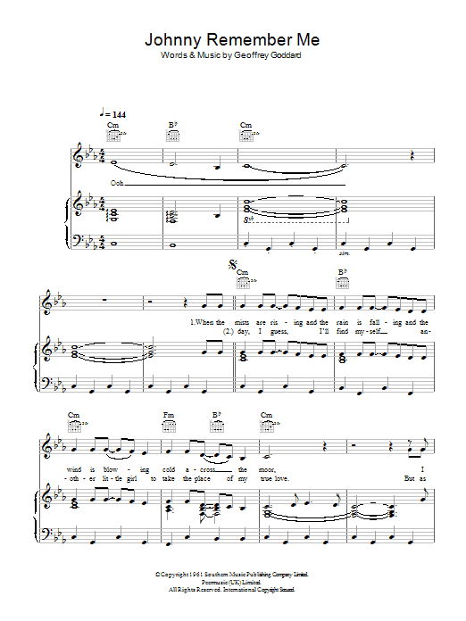 Johnny Remember Me (Piano, Vocal & Guitar Chords) von John Leyton