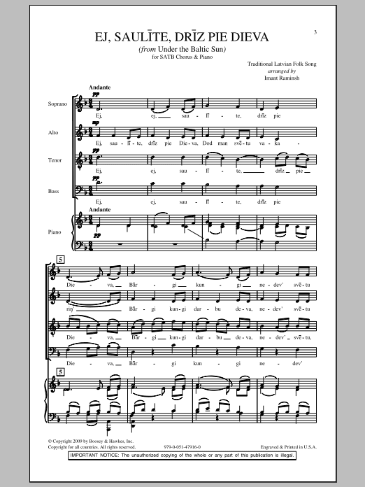 Ej, Saulite, Driz Pie Dieva (SATB Choir) von Imant Raminsh