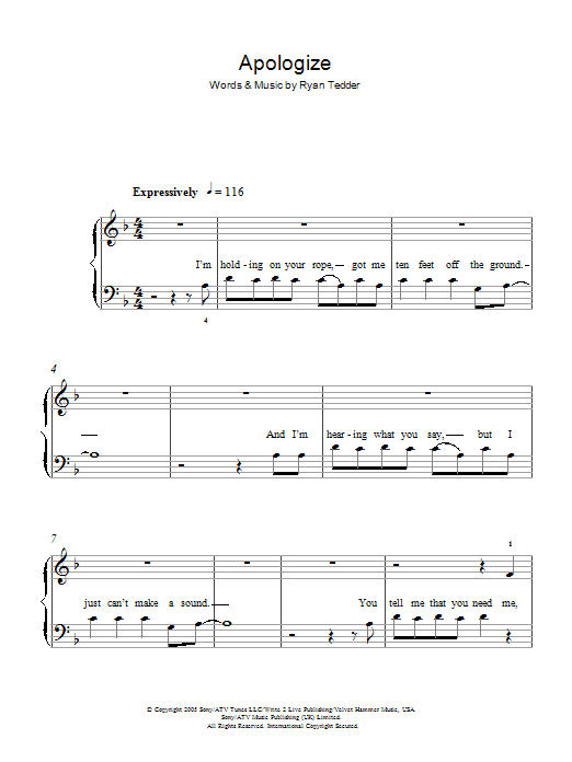 Apologize (Easy Piano) von OneRepublic