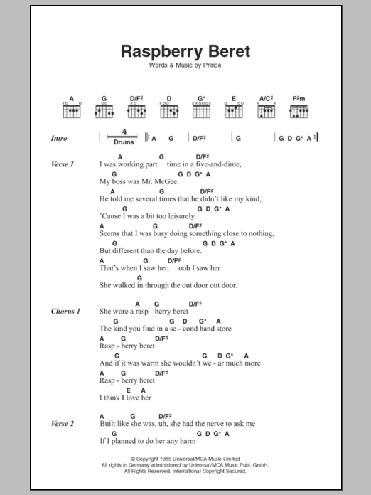 Raspberry Beret (Guitar Chords/Lyrics) von Prince