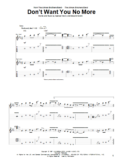 Don't Want You No More (Guitar Tab) von Allman Brothers Band