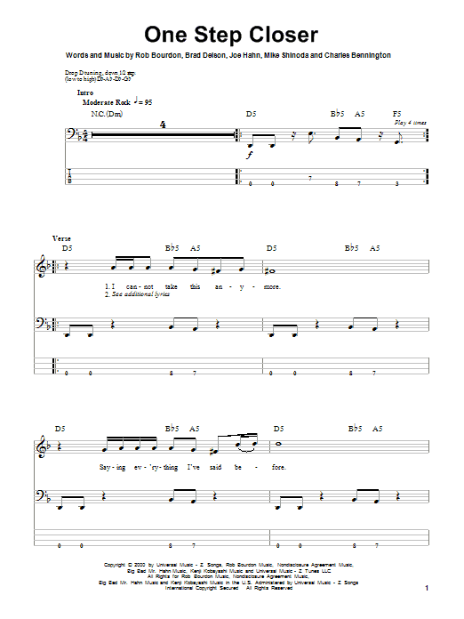 One Step Closer (Bass Guitar Tab) von Linkin Park