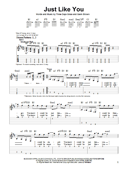 Just Like You (Easy Guitar Tab) von Three Days Grace