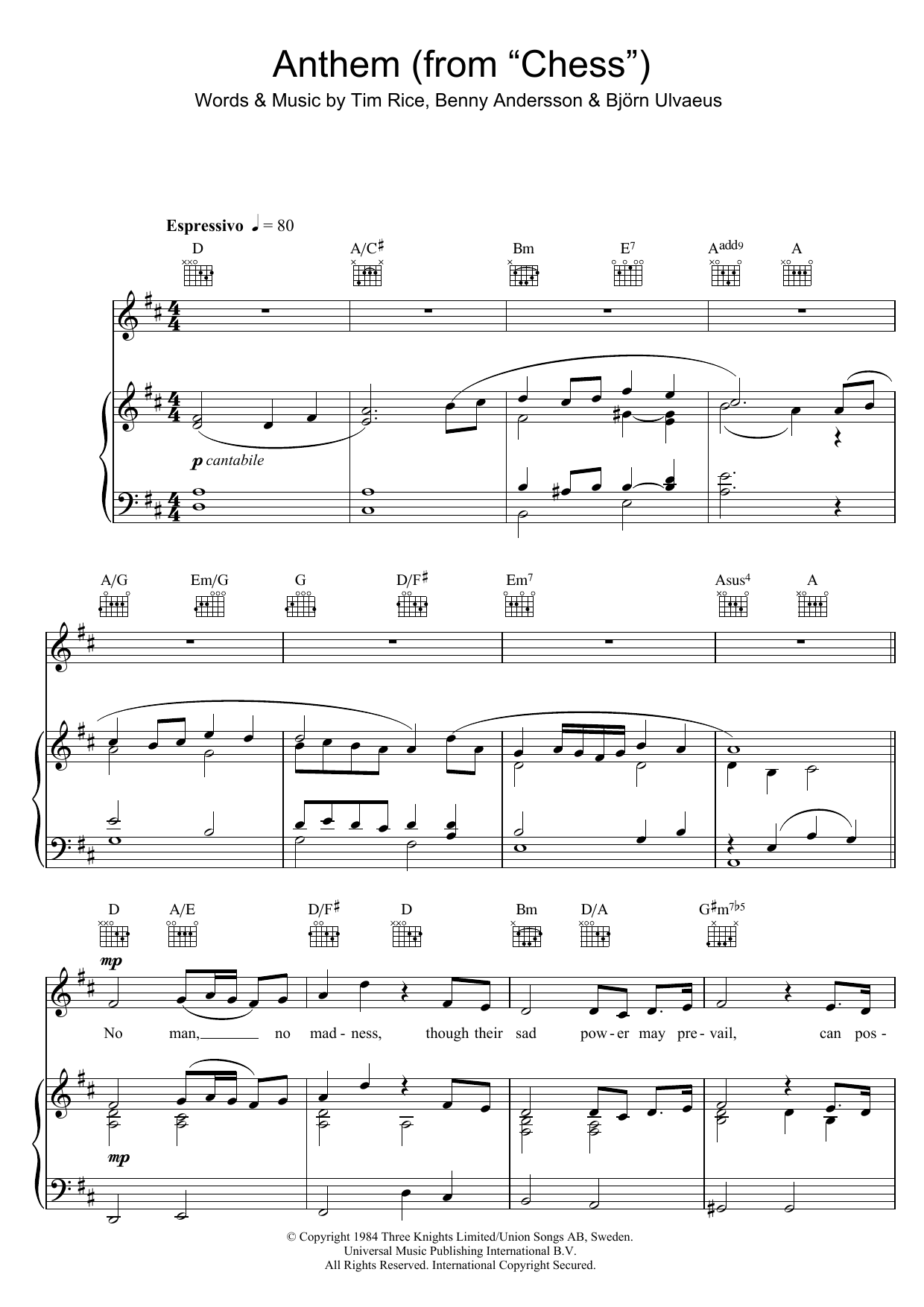 Anthem (from Chess) (Piano, Vocal & Guitar Chords) von Rhydian