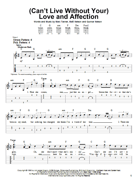 (Can't Live Without Your) Love And Affection (Easy Guitar Tab) von Nelson