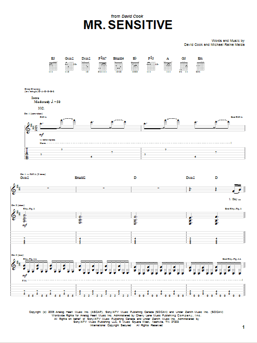 Mr. Sensitive (Guitar Tab) von David Cook