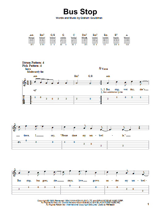 Bus Stop (Easy Guitar Tab) von The Hollies