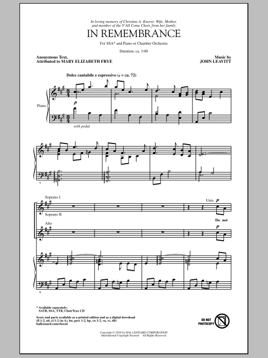 In Remembrance (SSA Choir) von John Leavitt