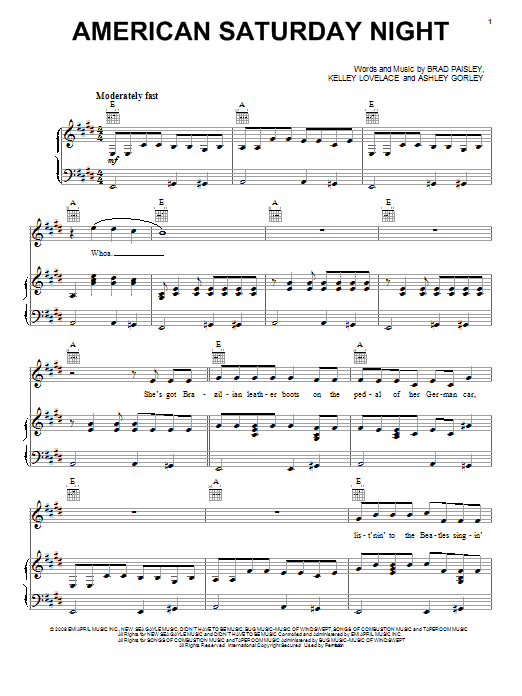 American Saturday Night (Piano, Vocal & Guitar Chords (Right-Hand Melody)) von Brad Paisley