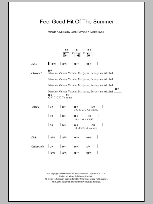 Feel Good Hit Of The Summer (Guitar Chords/Lyrics) von Queens Of The Stone Age