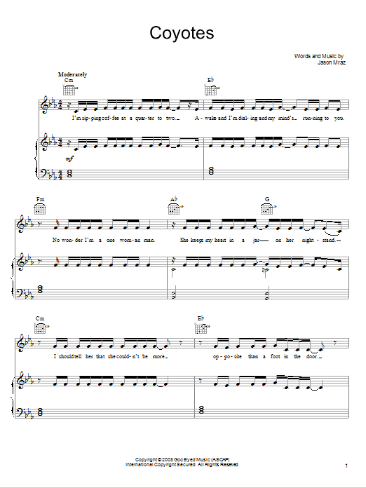 Coyotes (Piano, Vocal & Guitar Chords (Right-Hand Melody)) von Jason Mraz