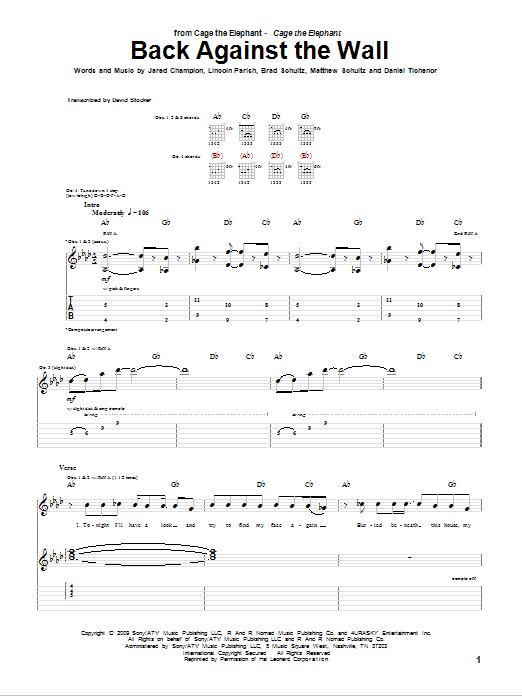 Back Against The Wall (Guitar Tab) von Cage The Elephant