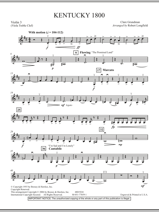 Kentucky 1800 - Violin 3 (Viola T.C.) (Orchestra) von Robert Longfield