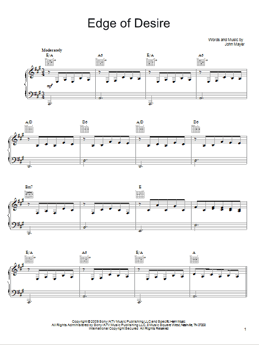 Edge Of Desire (Piano, Vocal & Guitar Chords (Right-Hand Melody)) von John Mayer