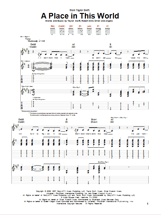 A Place In This World (Guitar Tab) von Taylor Swift