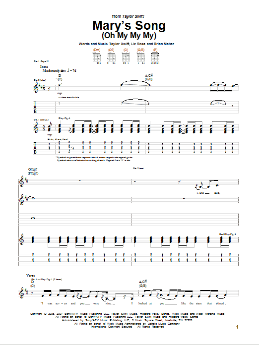 Mary's Song (Oh My My My) (Guitar Tab) von Taylor Swift