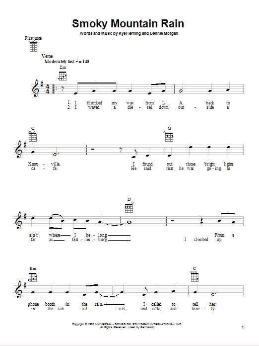 Smoky Mountain Rain (Ukulele) von Ronnie Milsap