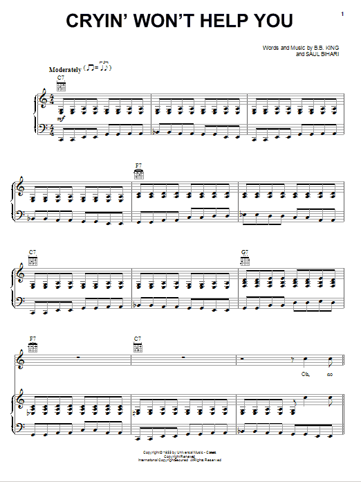 Cryin' Won't Help You (Piano, Vocal & Guitar Chords (Right-Hand Melody)) von B.B. King