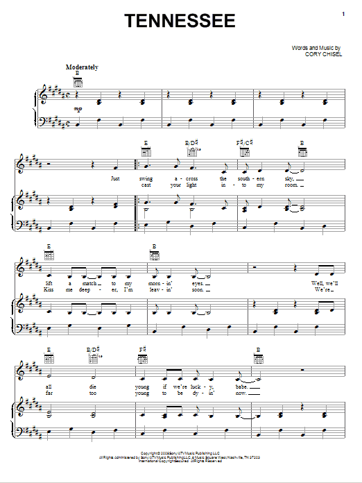 Tennessee (Piano, Vocal & Guitar Chords (Right-Hand Melody)) von Cory Chisel And The Wandering Sons