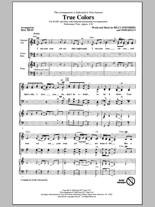 True Colors (arr. Mac Huff) (SATB Choir) von Cyndi Lauper