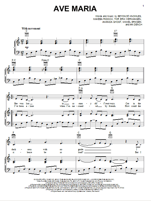 Ave Maria (Piano, Vocal & Guitar Chords (Right-Hand Melody)) von Beyonce