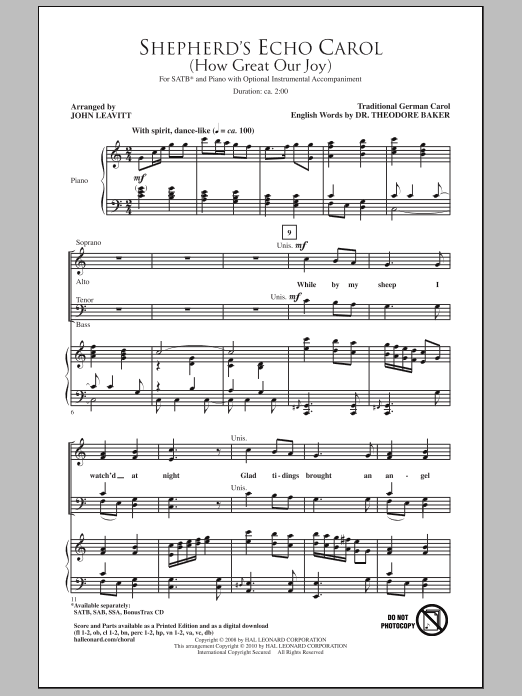 Shepherd's Echo Carol (How Great Our Joy) (arr. John Leavitt) (SATB Choir) von Traditional German Carol