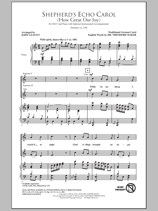 Shepherd's Echo Carol (How Great Our Joy) (arr. John Leavitt) (SSA Choir) von Traditional German Carol