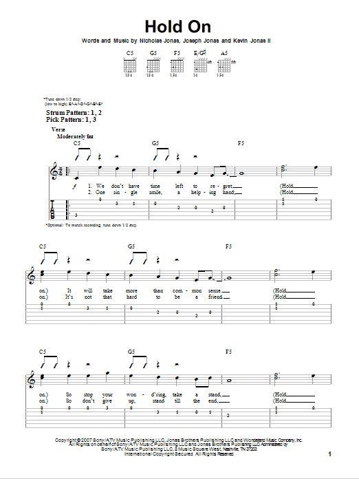 Hold On (Easy Guitar Tab) von Jonas Brothers