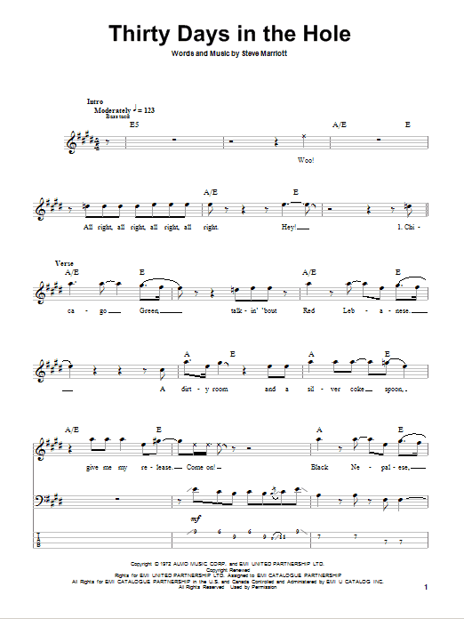 Thirty Days In The Hole (Bass Guitar Tab) von Humble Pie