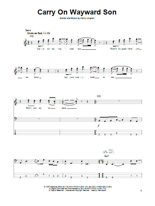 Carry On Wayward Son (Bass Guitar Tab) von Kansas