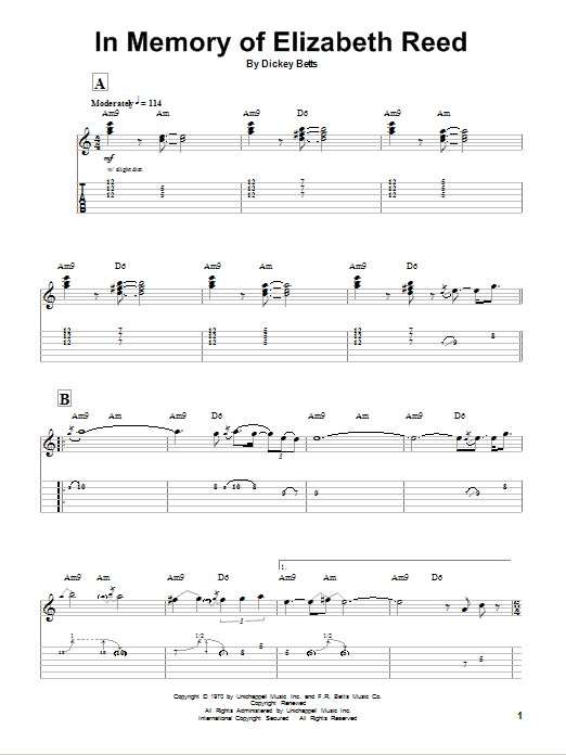 In Memory Of Elizabeth Reed (Guitar Tab (Single Guitar)) von Allman Brothers Band