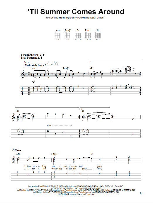 'Til Summer Comes Around (Easy Guitar Tab) von Keith Urban
