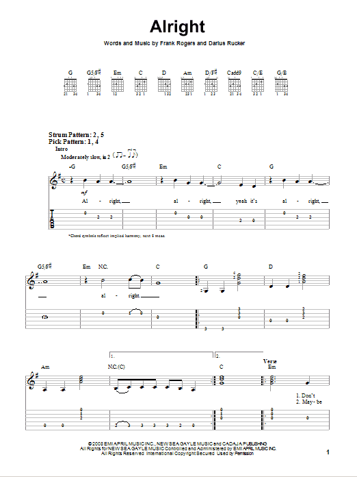 Alright (Easy Guitar Tab) von Darius Rucker