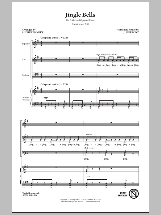 Jingle Bells (arr. Audrey Snyder) (SAB Choir) von J. Pierpont